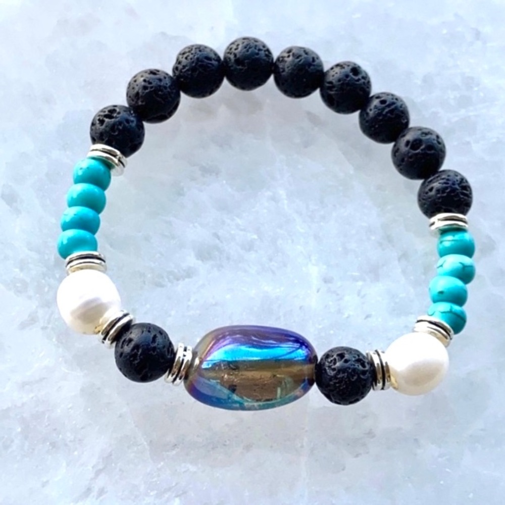 Titanium aura crystal pearls & turquoise bracelet